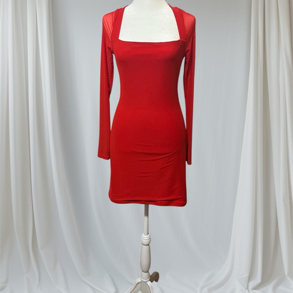Elegant Red Long Sleeve Dress With Mesh Arms & Open Back